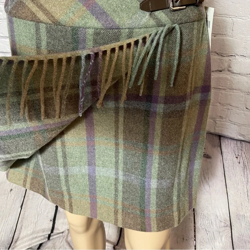 NWT New $225 Ralph Lauren Wool Plaid Fringe-Trim Tweed Mini Skirt Size 12